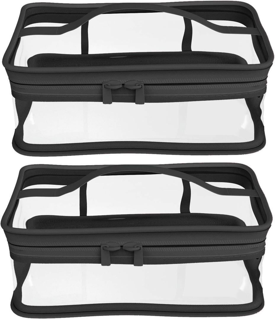 Black Transparent Cosmetic Bag Waterproof Handbag Portable Travel Work Make Up Kit Double Zipper Storage Bag, 2 PCS