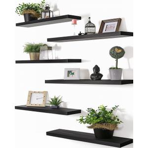 PHPH 24 Inch Wood Floating Shelves for Wall, Wooden Wall Shelves for Bedroom, Set of 6 Black