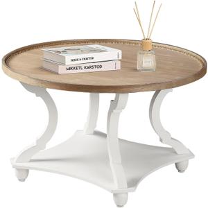 Wnutrees Farmhouse Round Coffee Table, Wood Tray Top Circle Coffee Table with Storage Shelf Rustic Style for Living Room and Vintage Finish, White