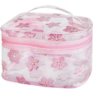 Clear Pink Flower Cosmetic Bag and Travel Pouch with Handle 9.06x5.51x5.51inch -Durable PVC Material,Versatile,Zipper Design for Smooth Sliding-Ideal for Makeup,Travel Essentials