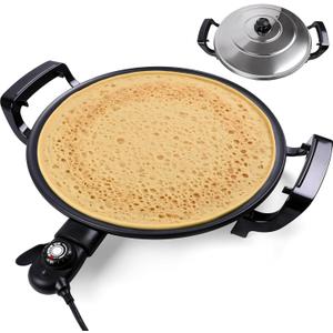 18.5” Electric Injera Maker, Mitad for Ethiopian Injera, Pancake Teff Maker, Electric Griddle with Lid, Non-Stick Surface, Easy to Clean, Adjustable Mechanical Knob Control, Even Heating
