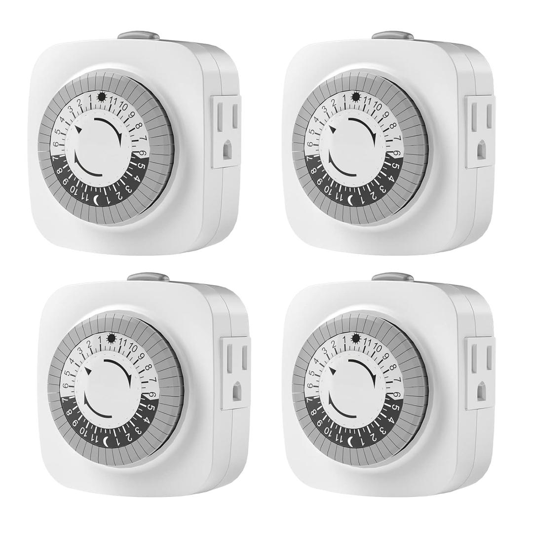 24 Hour Indoor Mechanical Timer with 2 Ground 3 Plug Socket Timer30 min Daily on/Off Cycle for Lamps, Christmas Tree Lights, ETL Certified, White4 Pack