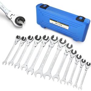 Anbull Ratcheting Wrench Set with Open Flex-head, 12PCS Metric (8-19mm) Combination Spanner with 72 Teeth, 180 Flex-head Tubing Ratchet Wrench Set