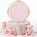 Nervure 100PCS Pink and Gold Plastic Plates - 10.25Inch Pink Disposable Plates - Plastic Dinner Plate for Weddings & Parties & Mothers Day