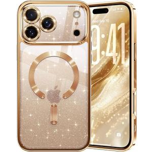 Glitter for iPhone 17 Pro Case with Eyecatching Integrated Lens Protection, [Sparkly Bling Back Panel] [Seamless Work with Magsafe] Cute Women Girly Magnetic Case for iPhone 17 Pro Desert Titanium