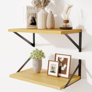 Acovy Floating Shelves for Wall,18" Wall Mounted Shelves Set of 2,Wood Floating Shelf with Bracket,Sturdy Metal Bracket Bookshelves Home Decor Storage for Living Room,Bedroom,Bathroom,Kitchen,Oak, 18"Wx10"D-2pcs