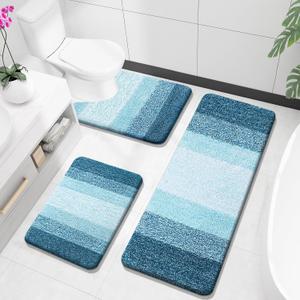 OLANLY Bathroom Rugs Sets 3 Piece, Soft Absorbent Microfiber Bath Mats and U-Shaped Contour Toilet Rug, Plush Shaggy Bath Mat Set for Bathroom (47"x20"+24"x16"+24"x20", Peacock Blue)
