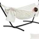 PNAEUT Handmade Tassel Hammocks, Double Hammock with Stand for Outside, Max 450 lbs Capacity, Pillow & Storage Bag Included (Beige)