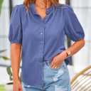PRETTYGARDEN Women's 2026 Summer Button Down Shirts Short Lantern Sleeve V Neck Cotton Cute Tops Dressy Casual Blouses (Purple, M)