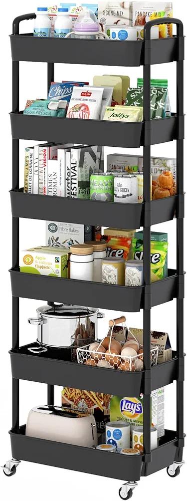 Sywhitta 6-Tier Plastic Rolling Utility Cart with Handle, Multi-Functional Storage Trolley for Office, Living Room, Kitchen, Movable Storage Organizer with Wheels, Black