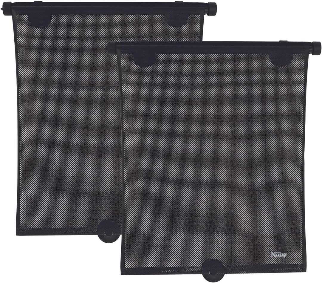 Nuby 14" Roller Vehicle Side Window Sun Protection Shade for Baby | 2 Pack | Pull Down with Suction Cups and Press Button Roll Up | Black