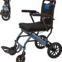 Garvee Portable Lightweight Folding Wheelchair – Wide Frame Aviation Aluminum, Shock Absorbing 10" Rear Wheels, Comfortable PVC Seat, Two-Stage Brake, Mobility Aid Transport Chair – Navy Blue