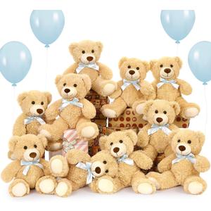 MorisMos Bulk Teddy Bear for Baby Shower,10-Pack Teddy Bear Stuffed Animals Bulk,14 in Teddy with Baby Blue Bow,Soft Stuffed Animal Wholesale for Birthday Christmas Valentine's,Brown