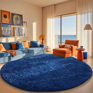 Ophanie Round Rug 8Ft Blue Circle Area Rug, Boys Room Decor, Fluffy Fuzzy Bedroom Carpet, Plush Soft Shaggy Living Room Rugs for Kids Home Decor Aesthetic, Nursery