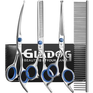GLADOG Professional 5 in 1 Dog Grooming Scissors Set with Safety Round Tips, Sharp and Heavy-duty Pet Grooming Shears for Cats