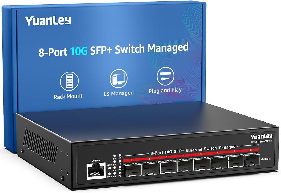 YuanLey 8 Port 10G Managed SFP Switch, 8X 10Gbps SFP+, L3 Smart Managment Ethernet Switch, Link Aggregation, VLAN, QoS, ACL, Rackmount 10Gbe Multi-gig Network Switch, Metal Case, 160Gbps Bandwidth