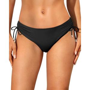 Talisea Womens Full Coverage Bikini Bottoms - Low Rise Bathing Suit Swim Bottom Side Tie Ruched Swimsuits Swimwear Black, Small