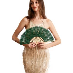Happy Feather Lace Fan with Folding Handheld, Embroidered Flowers Pattern Hand Fans for Wedding Bridal Tea Dancing Party -Green (Greem)