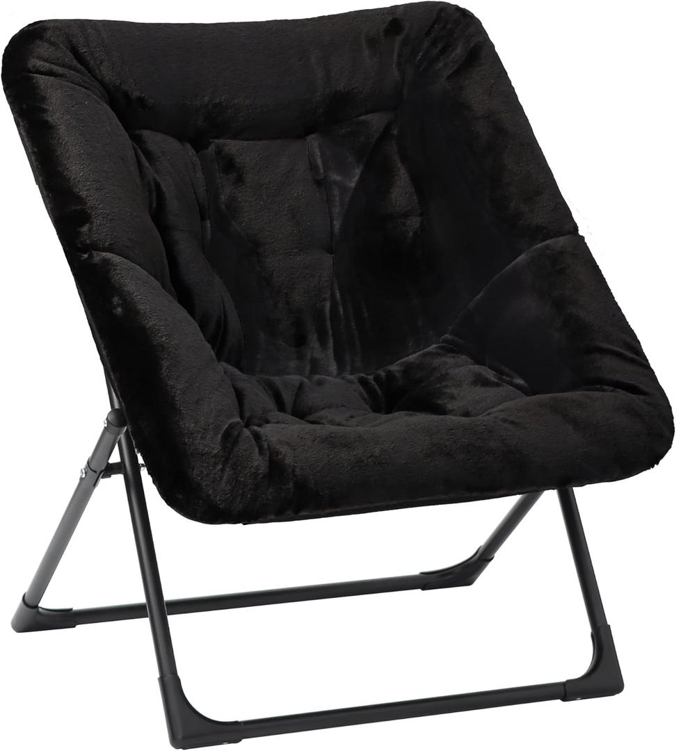 Comfy Saucer Chair for Adults, Soft Faux Fur Bedroom Chair, Accent Dorm Chairs, Flexible Living Room Reading Chairs, Oversized Folding Seat for Teens, X-Large, Black, 31.5 inches x 33.46 inches x 30.7 inches