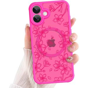 ZIYE for iPhone 16 Case Flower Floral Pattern Hot Pink Compatible with Magsafe Phone Case with Camera Protection,Soft TPU Bumper Hard PC Protective Magnetic Phone Cover