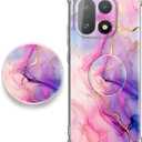 EMUYGIU for oneplus 15 Case 5G [Buffertech Military-Grade Drop Protection] [Anti Peel Off Tech] Clear TPU Marble and Flowers Bumper Phone Case Cover Design (Pink Gold with Holder)