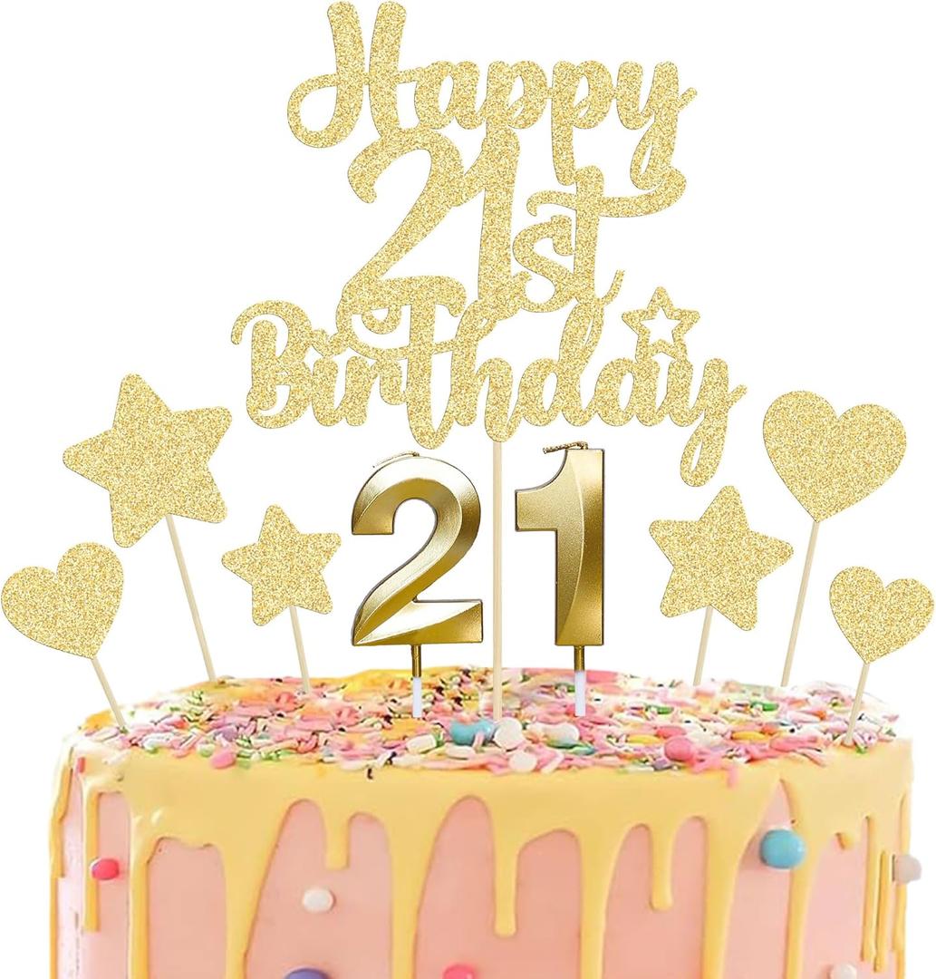 Gyufise 15Pcs Happy 21st Birthday Cake Topper Set with Heart Star Glitter Cheers to 21 Years Cake Picks Number 21 Candles Cake Decorations for Happy 21st Birthday Anniversary Party Supplies Gold