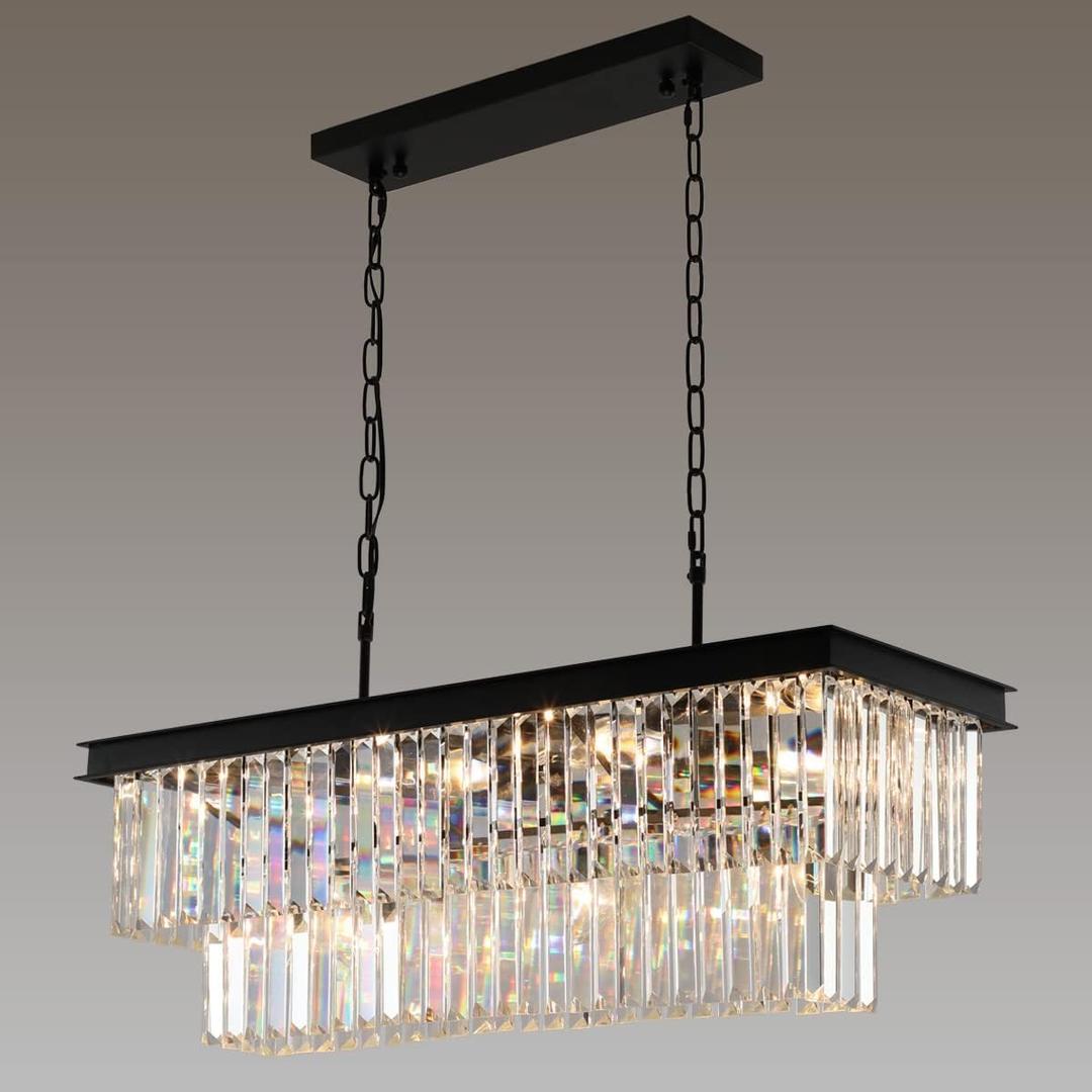 Weesalife Crystal Chandeliers for Dining Room 11-Light Black Modern Chandelier Rectangle Contemporary Pendant Light Fixture for Kitchen Island Bar L33.5 Inch