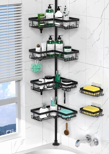 DAOYA Tension Pole Shower Caddy Corner - 4 Tier Floor to Ceiling Bathroom Shower Organizer 25-112.4 inch Adjustable, Multiple Hooks, 2 Extra Soap Holders, Stable Base, Rustproof, Black