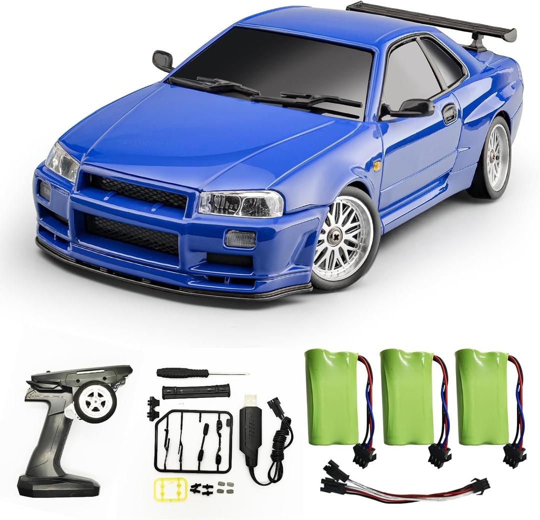 Skymaker 1/18 RC Drift Car with 3 Batteries Gyro LDRC LD1899 GTR R34 2.4GHz RWD Drifting Drift Cars for Adults with Alloy Car Shell(Blue)