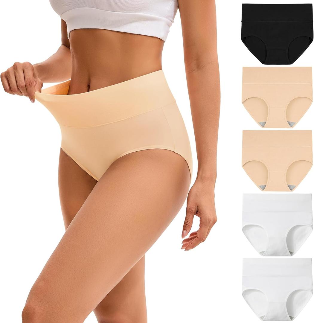 INNERSY Women's High Waisted Underwear Cotton Panties Regular & Plus Size 5-Pack (X-Large, Black-beige-white)