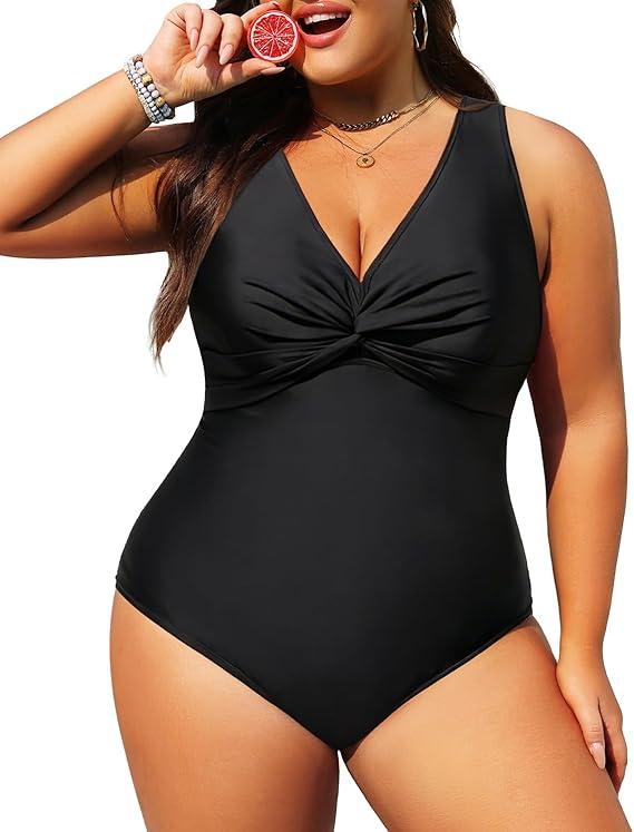 Aqua Eve Women Plus Size One Piece Swimsuits V Neck Tummy Control Bathing Suits Front Cross Swimwear Size 18W