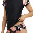 Holipick 2 Piece Rash Guard for Women - Short Sleeve Swim Shirt UPF 50+ Zip Up Swimsuit with Built in Bra (Small, Black and Flowers)