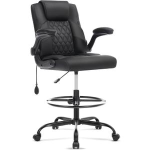 Leather Drafting Chair, Tall Office Chair for Standing Desk, High Executive Office Chair with Inflatable Lumbar Support,Adjustable Height,Flip-up Armres and Foot Ring Studio Chair Black, 23.6 inches x 23.6 inches x 40 inches