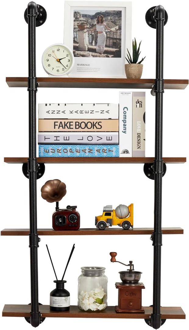 GarveeHome Industrial Pipe Shelving Wall Mounted, 30in Metal Floating Shelves, Steampunk Real Wood Book Shelves, Wall Shelf Unit Wineshelf Hanging Wall Shelves, Kitchen Bar Shelving(4 Tier)