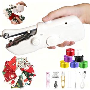 Handheld Sewing Machine for Beginers, 8 Pieces New Year's Fabric,Dual Power Supply Sewing Tool,Mini Sewing Machine Perfect for Home Travel Cloth Repair,2026 New Year DIY Gifts