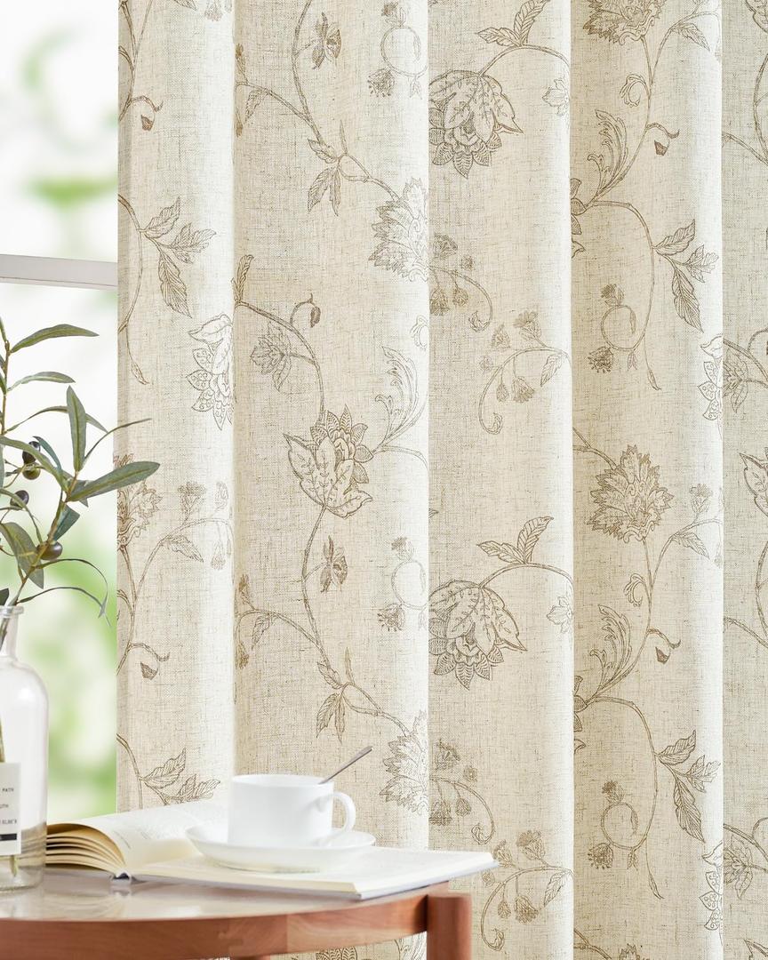jinchan Linen Curtains Floral Curtain 50x 84 Inch Length for Living Room Bedroom Light Filtering Rod Pocket Back Tab Jacobean Curtains Flax Linen Texture Window Drapes Set 2 Panels Taupe on Linen