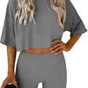 Jenisso Women 2 Piece Lounge Set 2026 Summer Short Sleeve Crop Tops Shirts Matching Shorts Travel Outfit Clothes (Gray, XL)