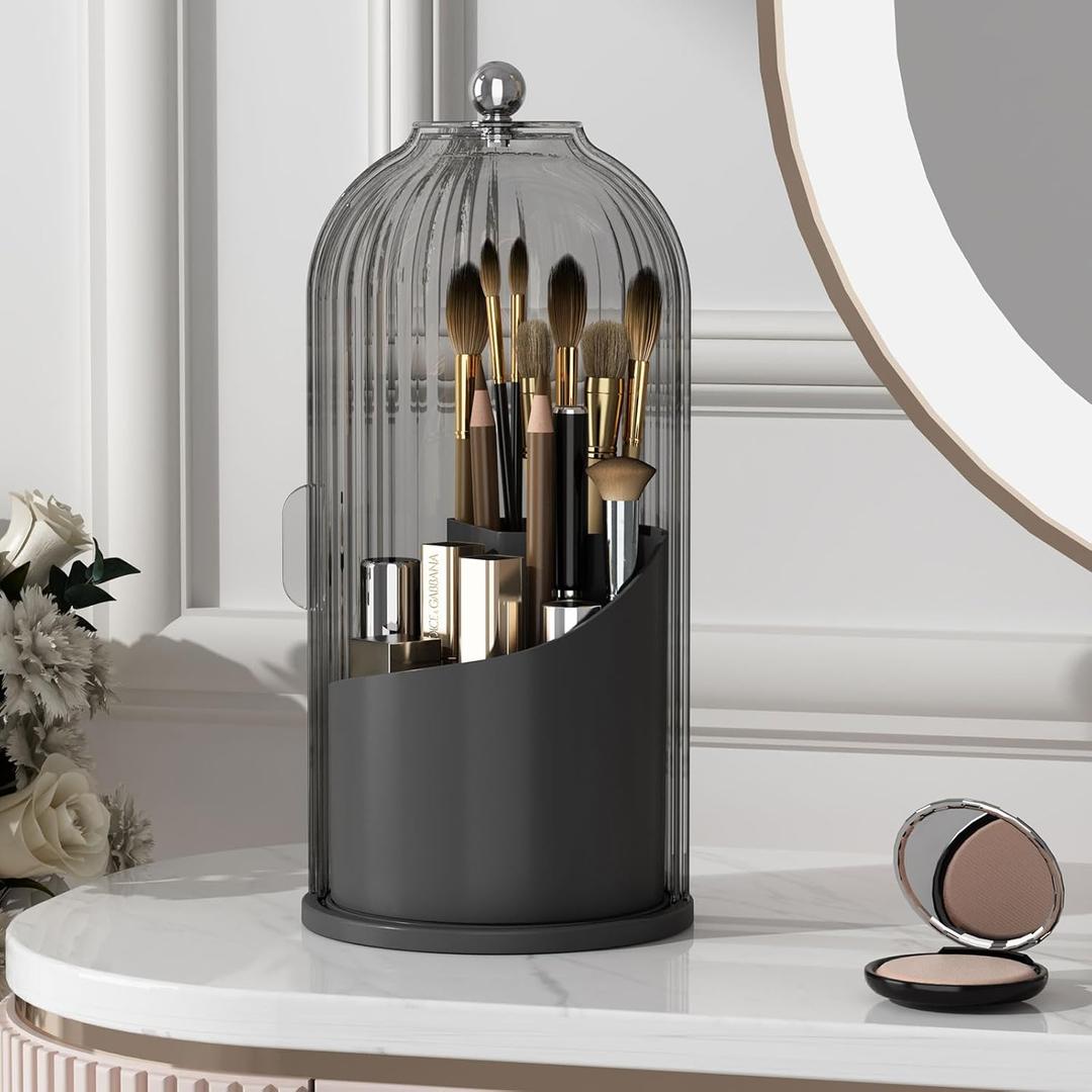 Makeup Brush Holder with Lid 360° Rotating Clear Dustproof Make Up Organizers for Vanity Bathroom Countertop, Black