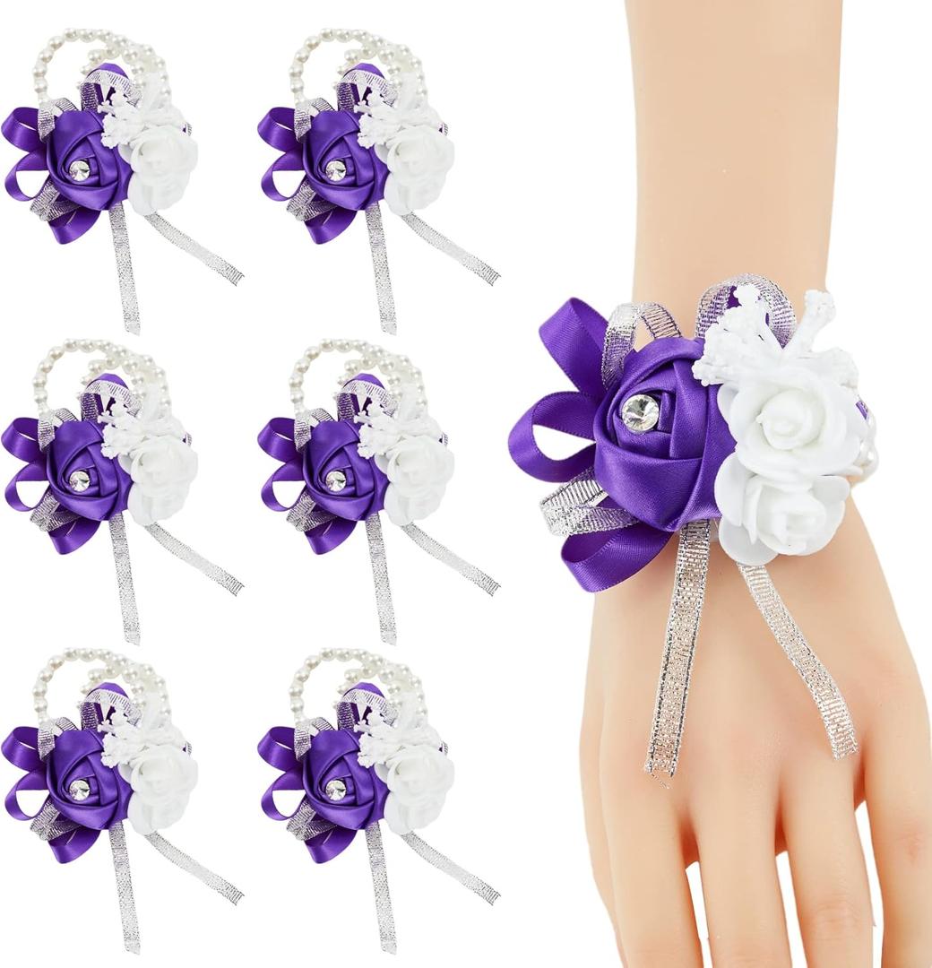 Purple Wrist Corsage for Prom Wedding Party, Set of 6, Rose Wrist Hand Flower for Bridal Bridesmaid, Prom Corsages Wrist Bride Groom Mother, Corsage Wristlet for Ceremony, Homecoming Corsage