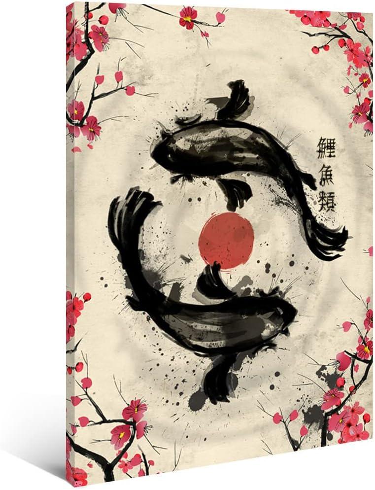 XDTIOPIMY - MCAshe Art - Vintage Japanese Koi Fish Wall Art - Serene Black Koi & Red Cherry Blossoms Framed Canvas Print - Asian Decor for Living Room, Bedroom, Office - Ready to Hang 16x24 Inches