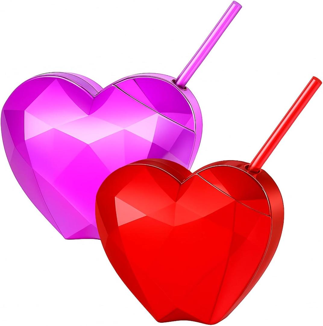 2 Pcs Heart Shape Cup with Lid & Straw Reusable Disco Plastic Cup Gift 20 oz Pink Red Heart Drinking Cocktail Tumbler for Birthday Wedding Bachelorette Bridal Shower Party Favors Supplies