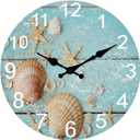 XNM 12 Inch Blue Wooden Wall Clocks Battery Operated Coastal Starfish Decorative Wall Clock for Living Room Bedroom Bathroom Sea Shell Wall Clock Silent Non Ticking