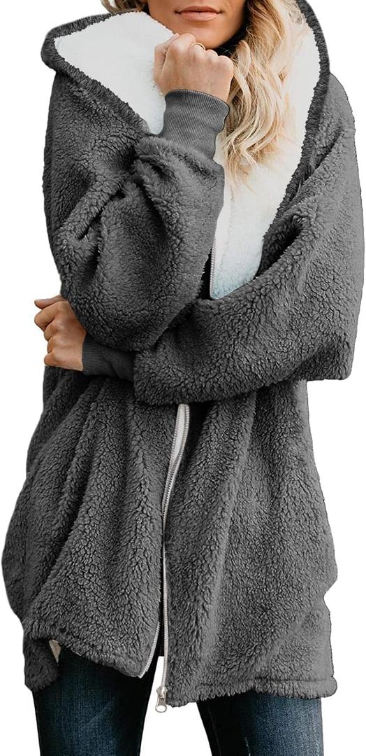 Yanekop Womens Oversized Sherpa Jacket Fuzzy Fleece Zip Up Jacket Warm Winter Coats Faux Fur Coat with Pockets (Medium, Dark Grey)