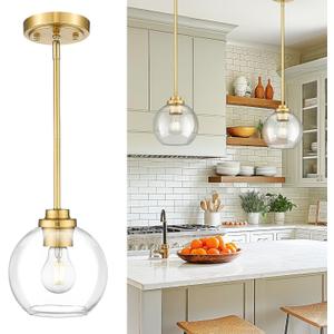 Modern Polished Gold Pendant Light, 7Inch Mid Cenrury Globe Hanging Light Fixture with Clear Glass for Kitchen Island Dining Room Bedroom Hallway Foyer (1 Pack), PL101BG