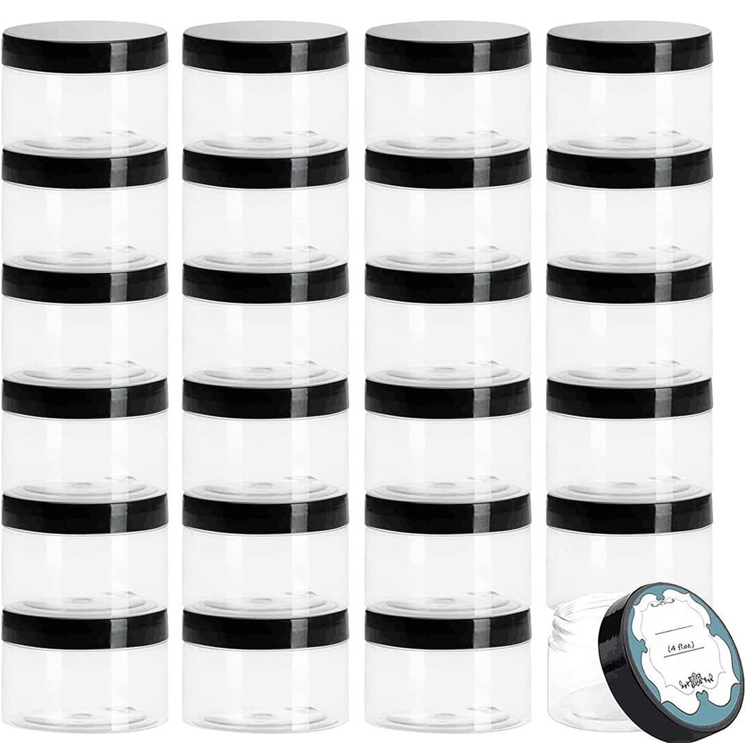 Qeirudu 4 Oz Plastic Jars with Lids 24-Pack, Empty Clear Plastic Containers with Lids and labels, Refillable Round Low Profile Cosmetic Containers For Scrubs, Body Butter, Lotion, BPA Free