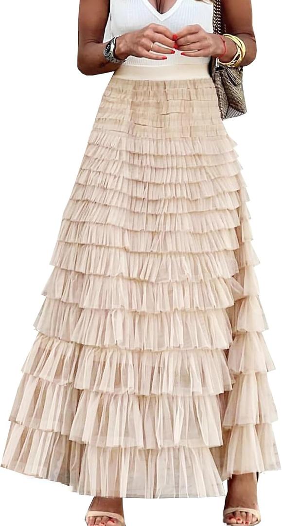 Flygo Women's Long Maxi Tulle Skirts A Line Ruffle High Waisted Tiered Layered Mesh Tutu Skirt Petticoat (XL)