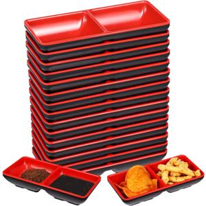15 Pcs Dual Dipping Bowls, Melamine Soy Sauce Dishes, Black Red Sushi Sauce Dipping Plates, Japanese Style Divided Cups, 2 Compartments Appetizer Serving Trays for Kitchen, Restaurants