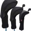 Black Golf Club Head Cover for Driver Fairway 3 Pcs Woods Headcovers, Golf Accessories Hybrid Head Covers Set with Interchangeable Tags 3 4 5 7 X