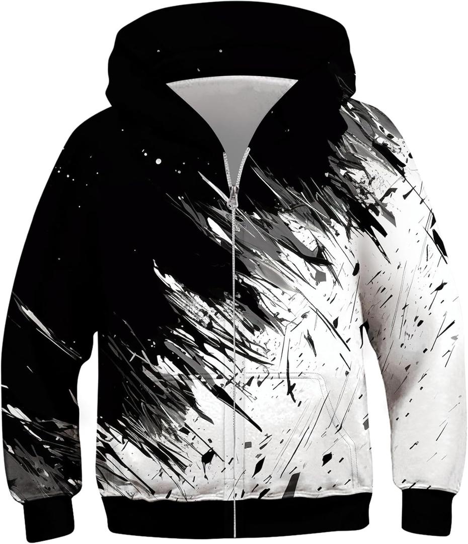uideazone Boys Girls Zip Up Hoodies 3D Graphic Hooded Sweatshirts Hoody Coat with Pockets for Kids 6-14T (8-10 Years, A1-black and White)