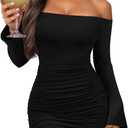 Women's Off Shoulder Bodycon Mini Dress Elegant Long Sleeve Ruched & Ribbed Tight Fit Clubwear for Cocktail Party,Date Night (Medium, Black)